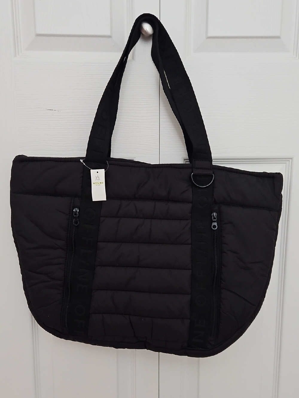 Offline By Aerie Athletic Black Quilted Tote Bag with Dual Zip Pockets